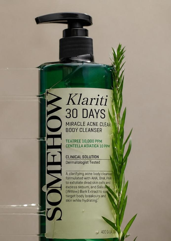 Klariti cleanser bottle with tea tree sprig